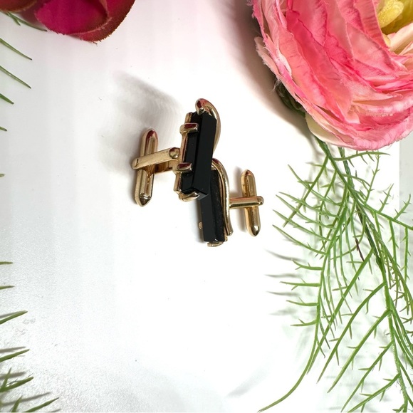 VINTAGE⚜️CUFF LINKS Black Glass - Art Deco Style - Picture 3 of 6
